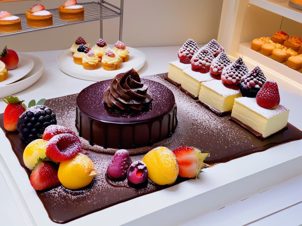  A topdown view of a sleek, minimalist kitchen counter adorned with an array of meticulously crafted pastries and cakes. Each delicate pastry is elegantly decorated with vibrant fruits, edible flowers, and intricate chocolate drizzles, showcasing the artistry and skill of a master pastry chef. The soft lighting enhances the textures and colors of the desserts, while the clean, uncluttered backdrop emphasizes the precision and craftsmanship that goes into creating these delectable treats. hyperrealistic, full body, detailed clothing, highly detailed, cinematic lighting, stunningly beautiful, intricate, sharp focus, f/1. 8, 85mm, (centered image composition), (professionally color graded), ((bright soft diffused light)), volumetric fog, trending on instagram, trending on tumblr, HDR 4K, 8K