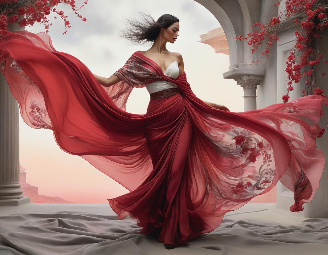  surrealist art depict an spanish woman, dancing, flowing floral scarf, elegant body lining. the backdrop is an ethereal spanish dreamscape of soft tones crimson, red, off white, magenta, grey. highly detailed. magic realism. alchemy. pastels, pen, ink and wash. luis royo, joaquin sorolla, georgia o’keeffe, arthur rackham. highest quality . dreamlike, mysterious, provocative, symbolic, intricate, detailed hyperrealistic, full body, detailed clothing, highly detailed, cinematic lighting, stunningly beautiful, intricate, sharp focus, f/1. 8, 85mm, (centered image composition), (professionally color graded), ((bright soft diffused light)), volumetric fog, trending on instagram, trending on tumblr, HDR 4K, 8K