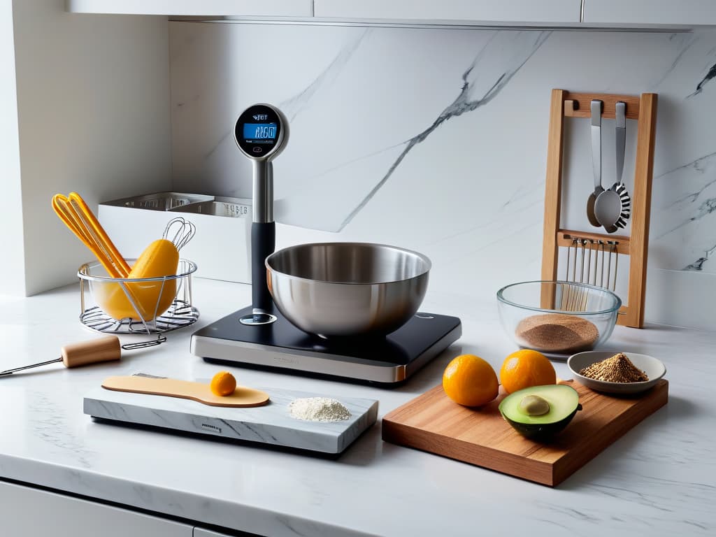  An ultradetailed 8k image of a sleek, modern kitchen countertop adorned with an assortment of highend baking tools such as a digital kitchen scale, premium stainless steel mixing bowls, a set of precision measuring spoons, a professionalgrade stand mixer, and a sleek marble rolling pin. The tools are meticulously arranged in an organized and aesthetically pleasing manner, with soft, diffused natural light casting subtle shadows to enhance the depth and texture of the scene. The overall look is clean, sophisticated, and visually appealing, perfectly encapsulating the essence of a professional and inspiring baking environment. hyperrealistic, full body, detailed clothing, highly detailed, cinematic lighting, stunningly beautiful, intricate, sharp focus, f/1. 8, 85mm, (centered image composition), (professionally color graded), ((bright soft diffused light)), volumetric fog, trending on instagram, trending on tumblr, HDR 4K, 8K