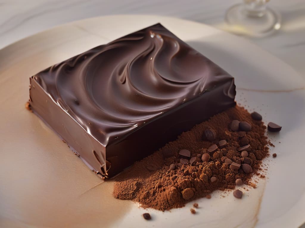  A closeup, photorealistic image of a glossy dark chocolate bar resting on a marble surface, showcasing intricate swirls and textures on its surface. The chocolate appears perfectly tempered, with a flawless sheen that reflects the soft ambient light, highlighting its professional finish. The details are so vivid that viewers can almost feel the smooth, luxurious texture of the chocolate just by looking at the image. hyperrealistic, full body, detailed clothing, highly detailed, cinematic lighting, stunningly beautiful, intricate, sharp focus, f/1. 8, 85mm, (centered image composition), (professionally color graded), ((bright soft diffused light)), volumetric fog, trending on instagram, trending on tumblr, HDR 4K, 8K