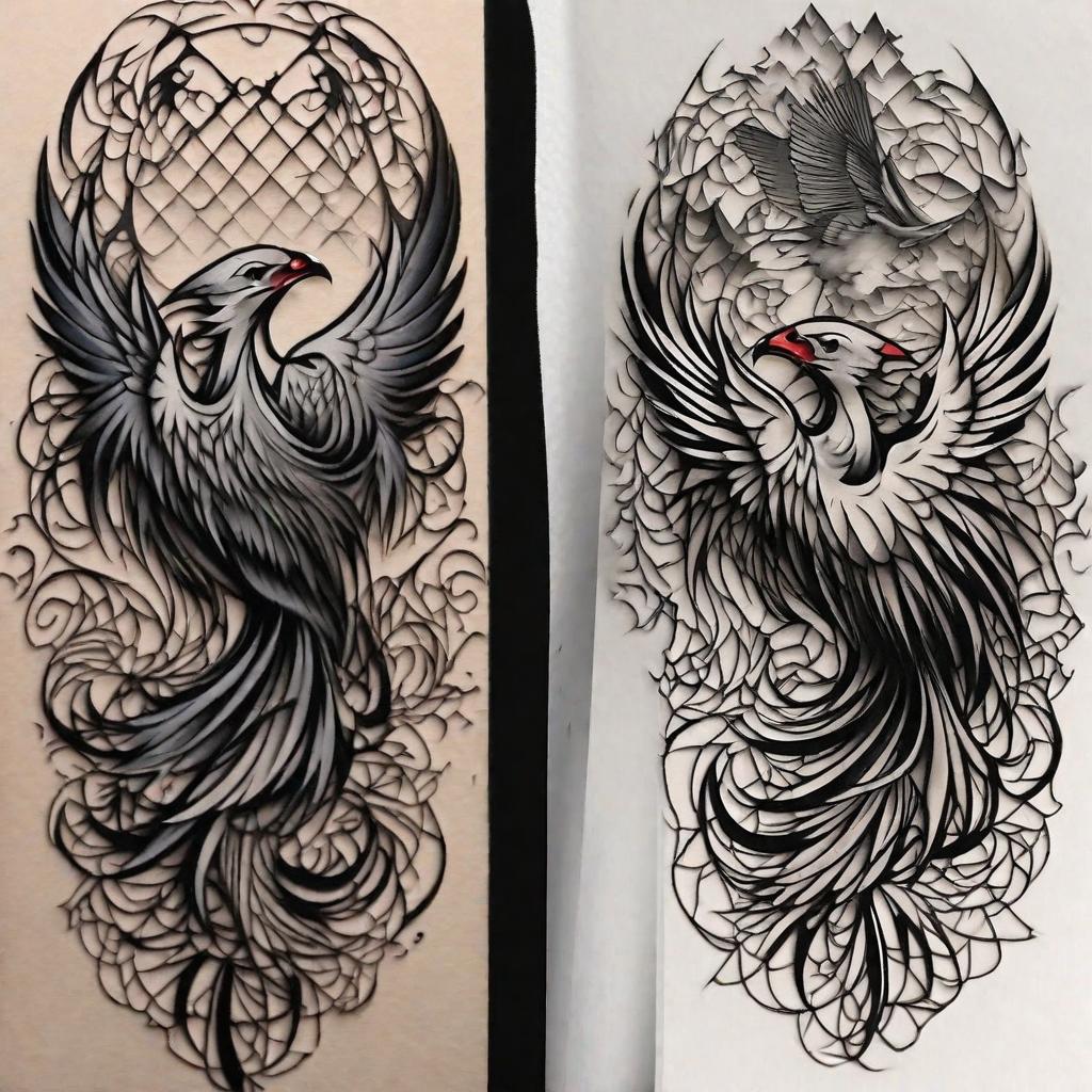  masterpiece, best quality, i want phoenix tattoo all black work. nice details but not too big. To put on forearm