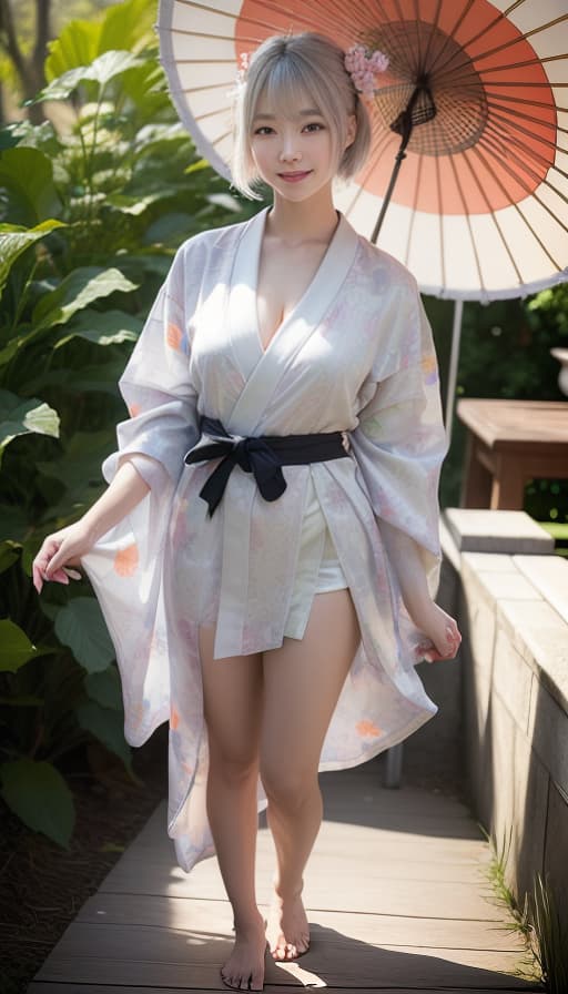  The kimono is large and the beautiful smile is attractive, J cup glossy hair shortcut light silver fascinating hair, (Masterpiece, BestQuality:1.3), (ultra detailed:1.2), (hyperrealistic:1.3), (RAW photo:1.2),High detail RAW color photo, professional photograph, (Photorealistic:1.4), (realistic:1.4), ,professional lighting, (japanese), beautiful face, (realistic face)