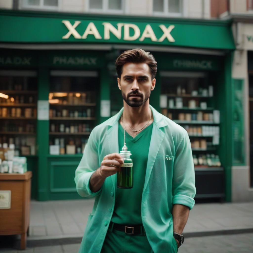  Draw a green pharmacy in the city named XandaX. hyperrealistic, full body, detailed clothing, highly detailed, cinematic lighting, stunningly beautiful, intricate, sharp focus, f/1. 8, 85mm, (centered image composition), (professionally color graded), ((bright soft diffused light)), volumetric fog, trending on instagram, trending on tumblr, HDR 4K, 8K