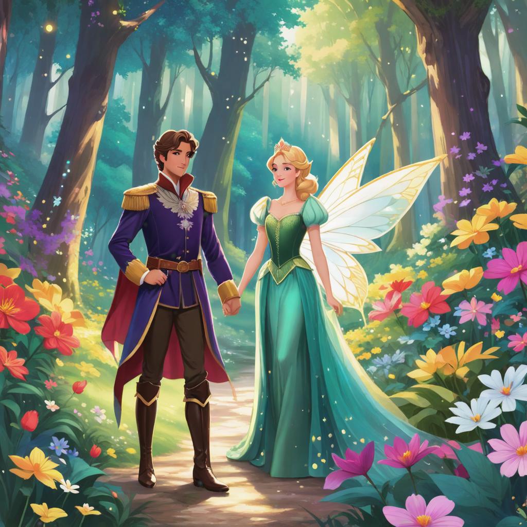  <PROMPT>
Image style: 'Dizney Ani Style'. Ilration style: The ilration style is vintage and colorful, with a touch of whimsy and fantasy. 
Character: The prince and the fairy are seen standing together, looking determined and ready for an adventure. 
Place: They are in a magical forest, surrounded by tall trees, colorful flowers, and sparkling streams. 
Action: The prince and the fairy are holding hands, as if they are about to embark on a journey. 
Sch Bubble: "Let's stop the evil sorcerer and save the ren's stories!" 
Object Decoration: There are floating books and pages from ren's stories scattered around the scene. 
Facial expression: The prince has a determined and courageous expression, while the fairy has a misch hyperrealistic, full body, detailed clothing, highly detailed, cinematic lighting, stunningly beautiful, intricate, sharp focus, f/1. 8, 85mm, (centered image composition), (professionally color graded), ((bright soft diffused light)), volumetric fog, trending on instagram, trending on tumblr, HDR 4K, 8K