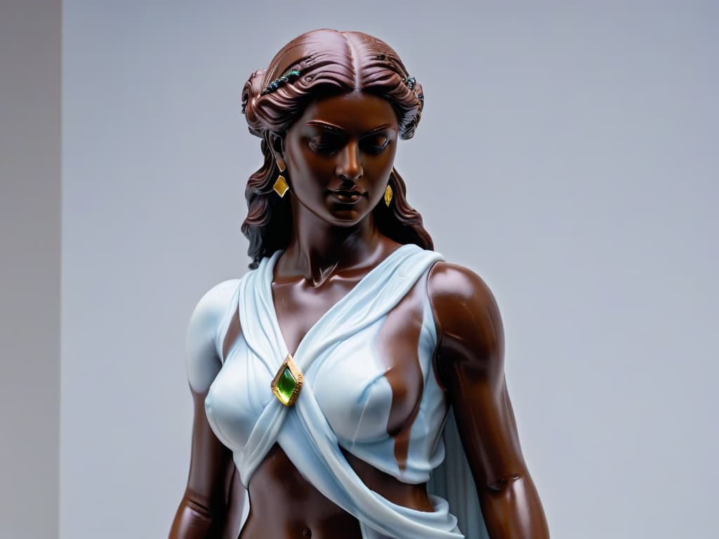  An intricate chocolate sculpture of a Greek goddess, meticulously crafted to resemble a classical marble statue, with delicate details such as flowing robes, intricate jewelry, and lifelike facial features. The chocolate sculpture is set against a stark white background, emphasizing its elegant and detailed design, while subtle shadows play across its surface, creating a sense of depth and realism. hyperrealistic, full body, detailed clothing, highly detailed, cinematic lighting, stunningly beautiful, intricate, sharp focus, f/1. 8, 85mm, (centered image composition), (professionally color graded), ((bright soft diffused light)), volumetric fog, trending on instagram, trending on tumblr, HDR 4K, 8K