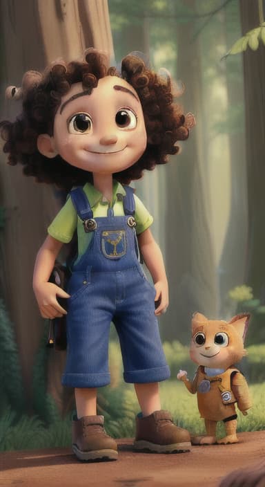  {The tree with a smiling face formed by its bark, looking down at Riley., Riley, a curious with big brown eyes and curly hair, wearing overalls and carrying a small backpack. Their friend, Skye, a bluebird with shiny feathers.