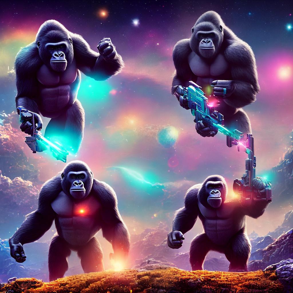  ((masterpiece)), (((best quality))), 8k, high detailed, ultra-detailed. A gorilla wearing an astronaut suit in a vibrant 80s cartoon style. The gorilla's suit is adorned with colorful patches and badges. He stands confidently, holding a retro ray gun in one hand. Behind him, a starry galaxy fills the backdrop, with planets and asteroids scattered across the scene. The gorilla's expression is filled with determination and excitement as he embarks on his cosmic adventure. The lighting is dynamic, with neon hues illuminating the gorilla and the surrounding space. The scene captures the spirit of the 80s, with a touch of nostalgia and whimsy. hyperrealistic, full body, detailed clothing, highly detailed, cinematic lighting, stunningly beautiful, intricate, sharp focus, f/1. 8, 85mm, (centered image composition), (professionally color graded), ((bright soft diffused light)), volumetric fog, trending on instagram, trending on tumblr, HDR 4K, 8K