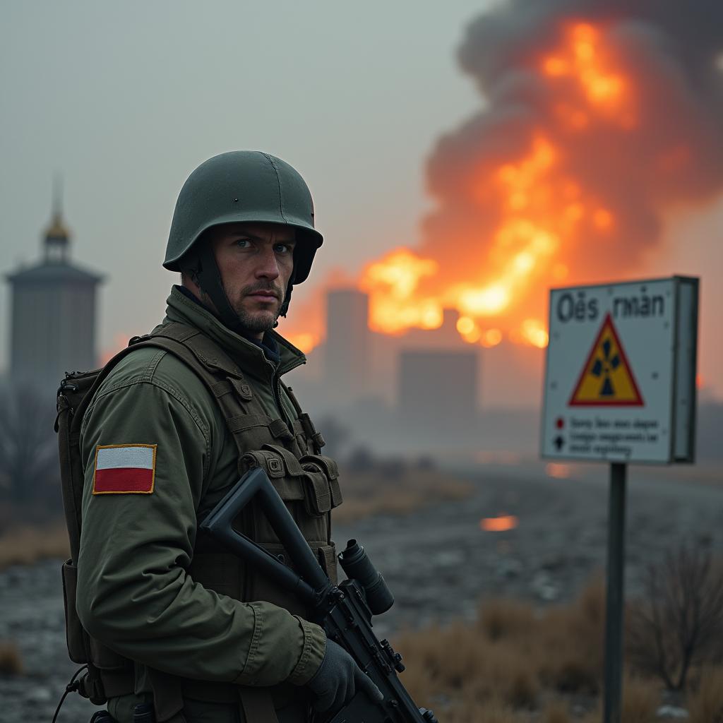  ultra high quality, very detailed , russian city destroyed by nuclear disaster , buildings on fires , man soldier looking at camera , wearing a poland military suit with no helmet standing near city white sign with the text 'russia' written on it , nuclear warning sign hyperrealistic, full body, detailed clothing, highly detailed, cinematic lighting, stunningly beautiful, intricate, sharp focus, f/1. 8, 85mm, (centered image composition), (professionally color graded), ((bright soft diffused light)), volumetric fog, trending on instagram, trending on tumblr, HDR 4K, 8K