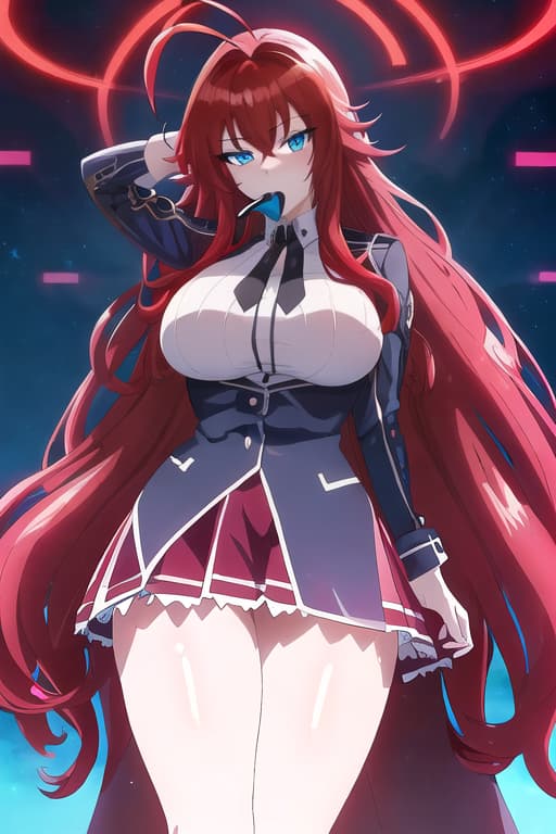  with erect in her mouth,masterpiece, best quality, 1women, long red hair, looking at viewer, :3, cute, black uniform, outdoors, streets, cowboy shot, curvy, (((blue eyes))), rias gremory, red hair, antenna hair, wavy hair, ((beautiful detailed eyes, beautiful detailed glow, lots of glow)), anime screencap