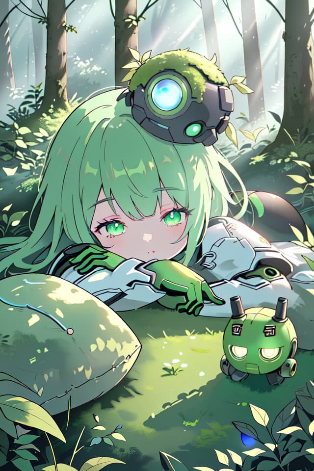  ((Mossy robot, broken robot girl lying in the forest, Half Opened Eyes Sleeping)), sprout, Green Hair 1 Girl, (Absurdress, masterpiece, ultimate quality), official art, aesthetic, (diffusion lighting, environment) Lighting), detailed skin texture, best shadow, very detail, colorful, 8k Wallpaper, Raw Photoristic Detailed, Dutch Angle, 💩, 💩, 💩, hyperrealistic, full body, detailed clothing, highly detailed, cinematic lighting, stunningly beautiful, intricate, sharp focus, f/1. 8, 85mm, (centered image composition), (professionally color graded), ((bright soft diffused light)), volumetric fog, trending on instagram, trending on tumblr, HDR 4K, 8K