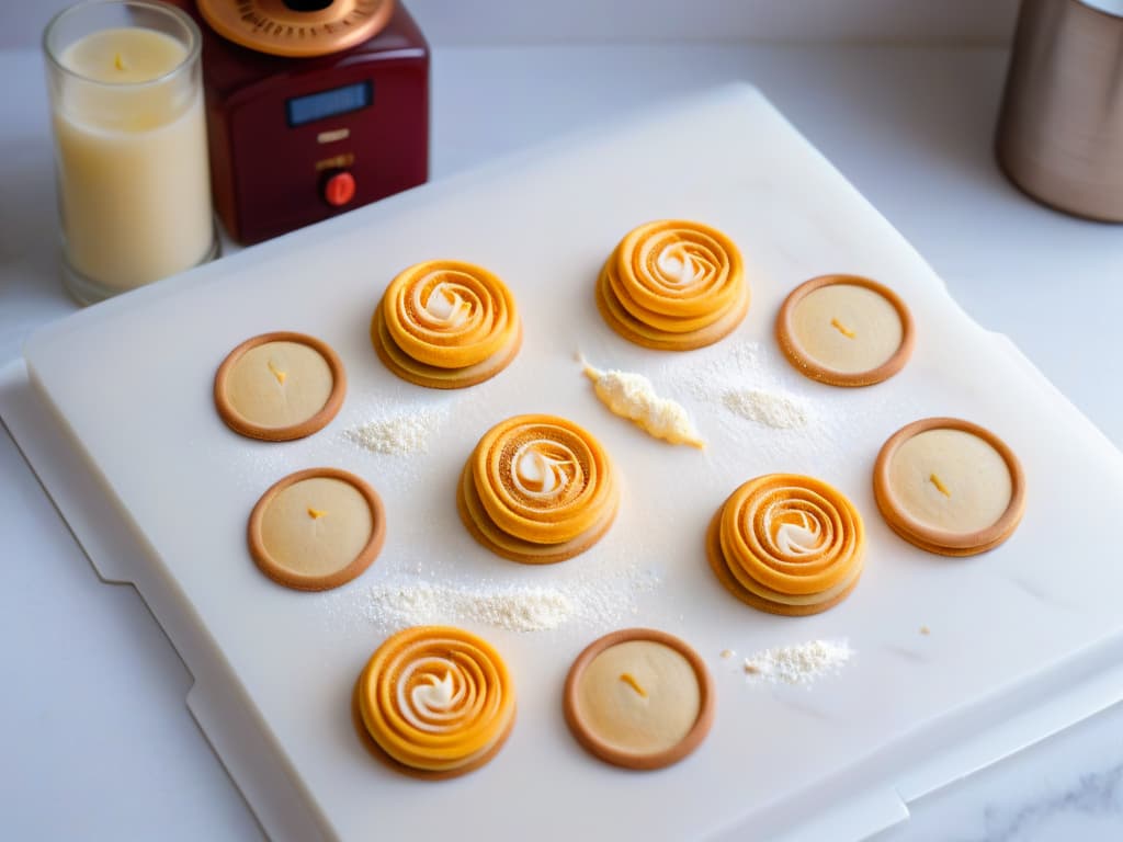  A closeup, photorealistic image of a custom cookie cutter being delicately pressed into a sheet of cookie dough, showcasing intricate details and a sleek, modern design. The dough is perfectly rolled out on a marble countertop, with a scattering of flour creating a soft, natural contrast against the smooth surface. The overhead lighting highlights the precision of the cutter's edges and the anticipation of the upcoming batch of beautifully shaped cookies. hyperrealistic, full body, detailed clothing, highly detailed, cinematic lighting, stunningly beautiful, intricate, sharp focus, f/1. 8, 85mm, (centered image composition), (professionally color graded), ((bright soft diffused light)), volumetric fog, trending on instagram, trending on tumblr, HDR 4K, 8K