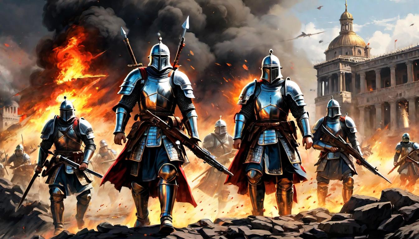  digital painting of Armored soldiers advancing towards a besieged city, fear and determination in their eyes, a violent clash of empires, historical cycles, trial by fire looking at viewer, dynamic pose, (intricate details, masterpiece, best quality)