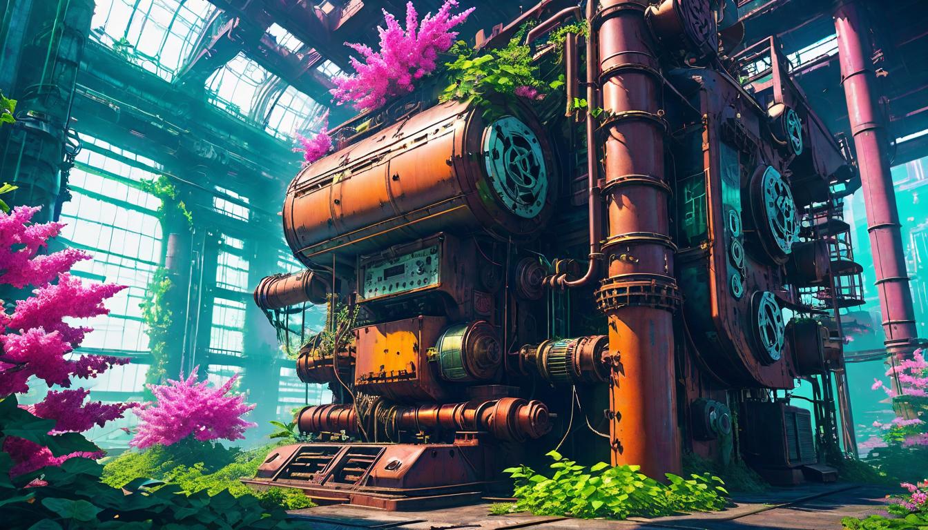  vaporwave,cyberpunk game style Abandoned industrial machinery overtaken by nature, ivy and flowers entwining through rusted gears, a call for environmental prioritization. Mood: Reclamation, tentative hope.eon, dystopian, futuristic, digital, vibrant, detailed, high contrast, reminiscent of cyberpunk genre video games,retro aesthetic, cyberpunk, vibrant, neon colors, vintage 80s and 90s style, highly detailed