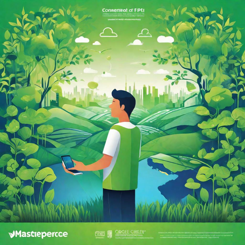  masterpiece, best quality,Background design: fresh green and blue gradient, representing harmony between nature and society. Core image design: a young man occupies the right half of the picture facing left to organize an online environmental campaign through the network of connected Wopi. He uses smart devices to present his environmental projects, and the screen displays the slogan "cheer for the earth". Occupy the right half of the picture facing left