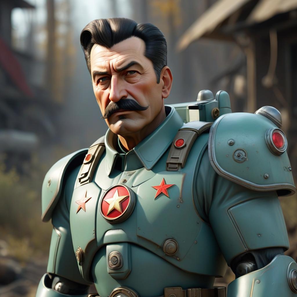  sci fi style Joseph Stalin in a Fallout style power armor. . futuristic, technological, alien worlds, space themes, advanced civilizations hyperrealistic, full body, detailed clothing, highly detailed, cinematic lighting, stunningly beautiful, intricate, sharp focus, f/1. 8, 85mm, (centered image composition), (professionally color graded), ((bright soft diffused light)), volumetric fog, trending on instagram, trending on tumblr, HDR 4K, 8K