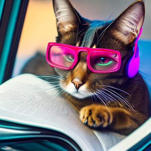 nvinkpunk Realistic image of a cat wearing headphones and reading glasses while riding a bus. hyperrealistic, full body, detailed clothing, highly detailed, cinematic lighting, stunningly beautiful, intricate, sharp focus, f/1. 8, 85mm, (centered image composition), (professionally color graded), ((bright soft diffused light)), volumetric fog, trending on instagram, trending on tumblr, HDR 4K, 8K