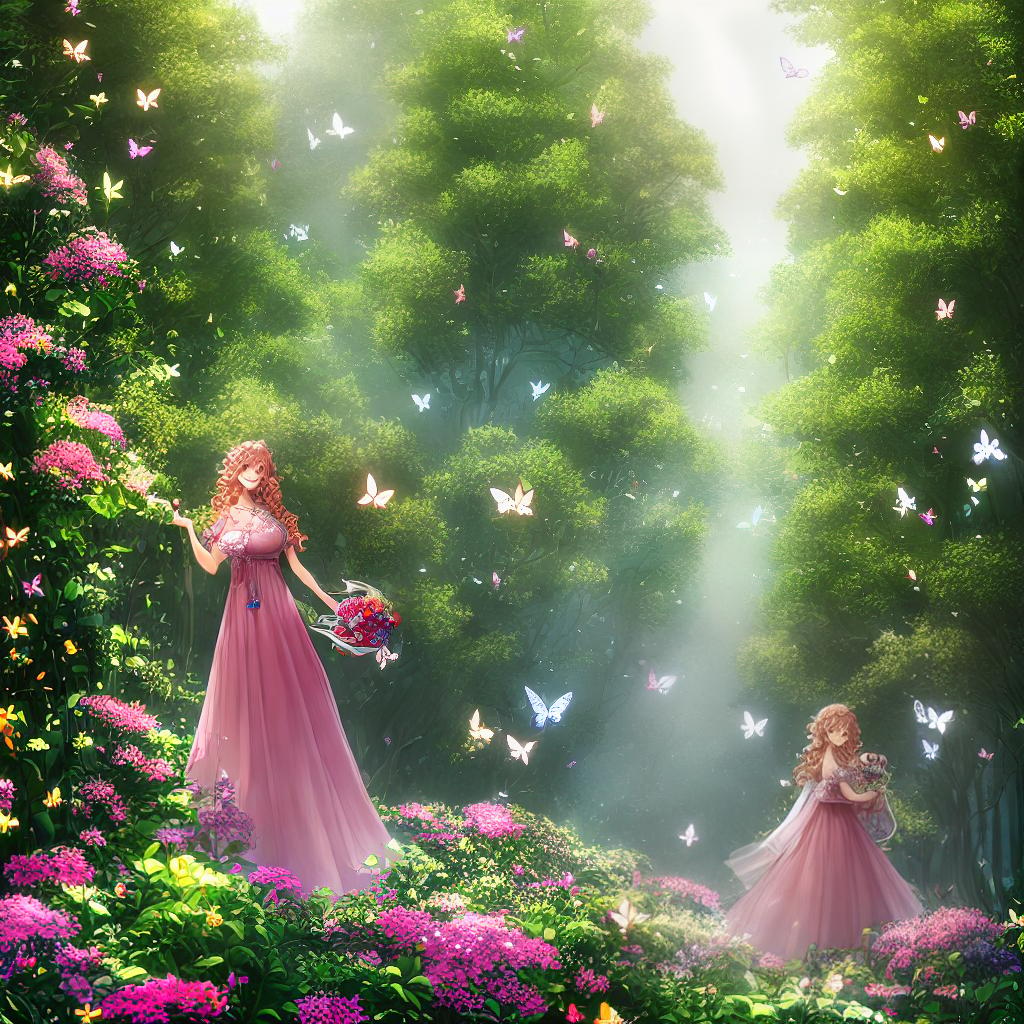  ((masterpiece)), (((best quality))), 8k, high detailed, ultra-detailed. A cute girl holding a teddy bear. Pink dress, long curly hair, smiling, surrounded by flowers, (sunshine filtering through the trees), (butterflies flying around). hyperrealistic, full body, detailed clothing, highly detailed, cinematic lighting, stunningly beautiful, intricate, sharp focus, f/1. 8, 85mm, (centered image composition), (professionally color graded), ((bright soft diffused light)), volumetric fog, trending on instagram, trending on tumblr, HDR 4K, 8K