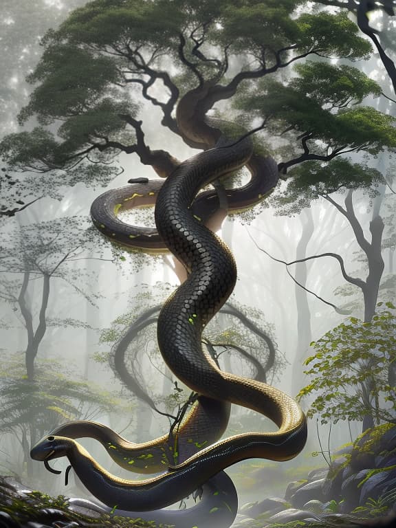  A snake coils around a mighty tree. hyperrealistic, full body, detailed clothing, highly detailed, cinematic lighting, stunningly beautiful, intricate, sharp focus, f/1. 8, 85mm, (centered image composition), (professionally color graded), ((bright soft diffused light)), volumetric fog, trending on instagram, trending on tumblr, HDR 4K, 8K