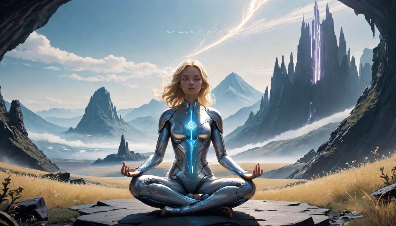  2girls, large busted attractive blonde arian female humanoids, meditating in synchrony, surrounded by ethereal energy waves, a serene mountain landscape in the background, high tech clothing clad in sleek, futuristic costume with metallic accents and form fitting designs, marvel superhero comics style, unreal engine rendering