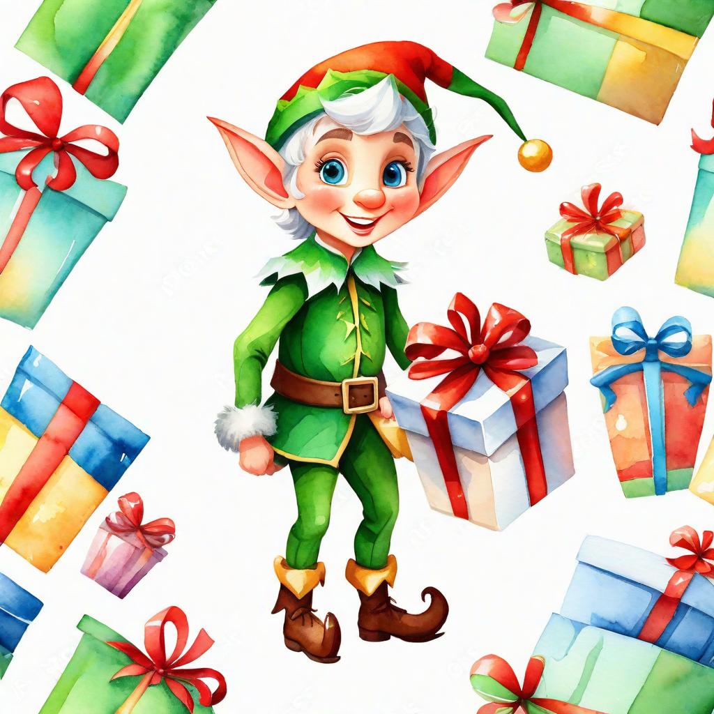  white background. a cute elf with a gift. watercolour. vector graphics. disney. cartoon style, cute, hyper detail, full HD hyperrealistic, full body, detailed clothing, highly detailed, cinematic lighting, stunningly beautiful, intricate, sharp focus, f/1. 8, 85mm, (centered image composition), (professionally color graded), ((bright soft diffused light)), volumetric fog, trending on instagram, trending on tumblr, HDR 4K, 8K