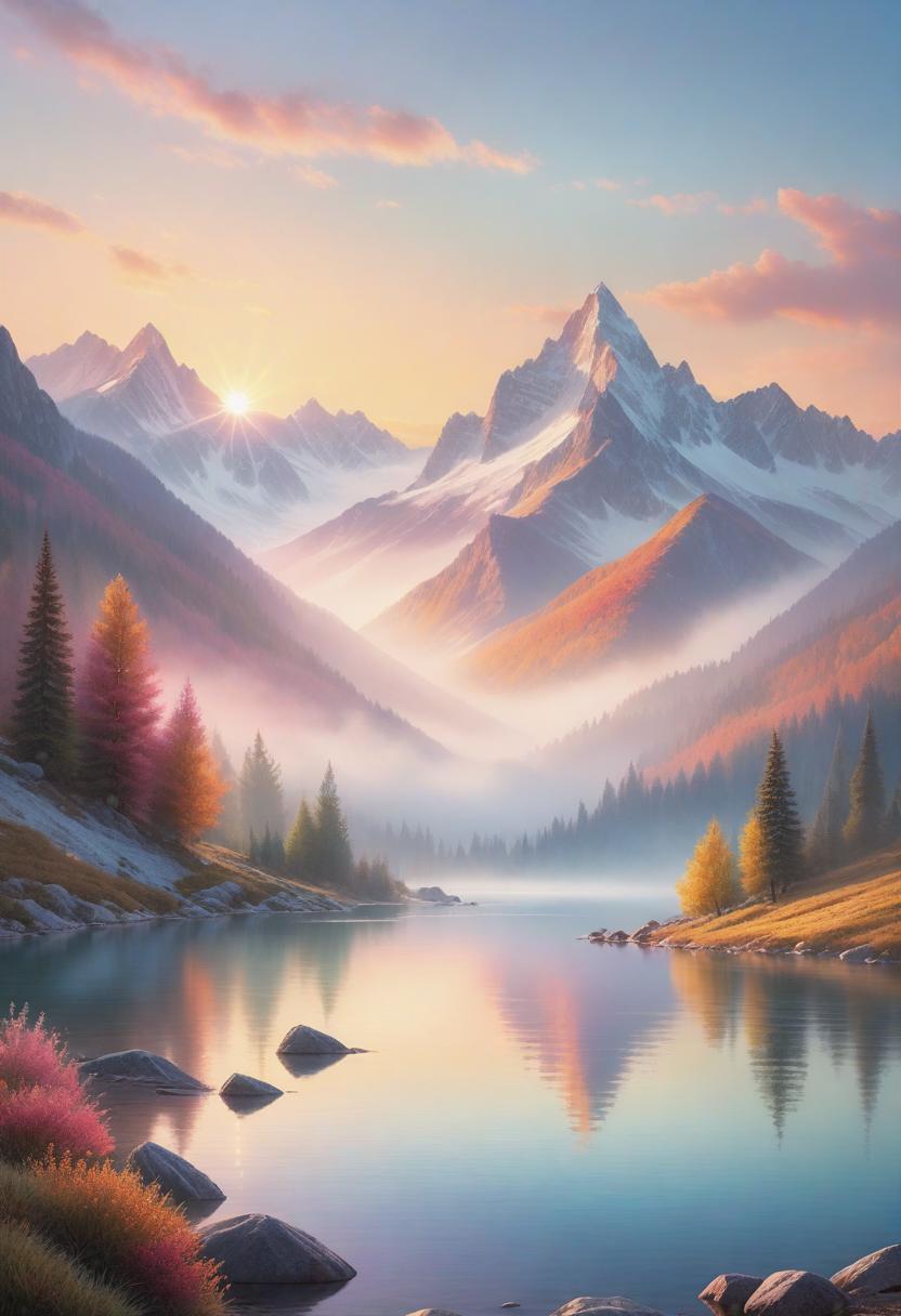  A serene mountain landscape with mist-covered peaks and a tranquil lake reflecting the vibrant colors of the sunset. Soft, pastel hues envelop the scene, creating a dreamlike atmosphere. hyperrealistic, full body, detailed clothing, highly detailed, cinematic lighting, stunningly beautiful, intricate, sharp focus, f/1. 8, 85mm, (centered image composition), (professionally color graded), ((bright soft diffused light)), volumetric fog, trending on instagram, trending on tumblr, HDR 4K, 8K