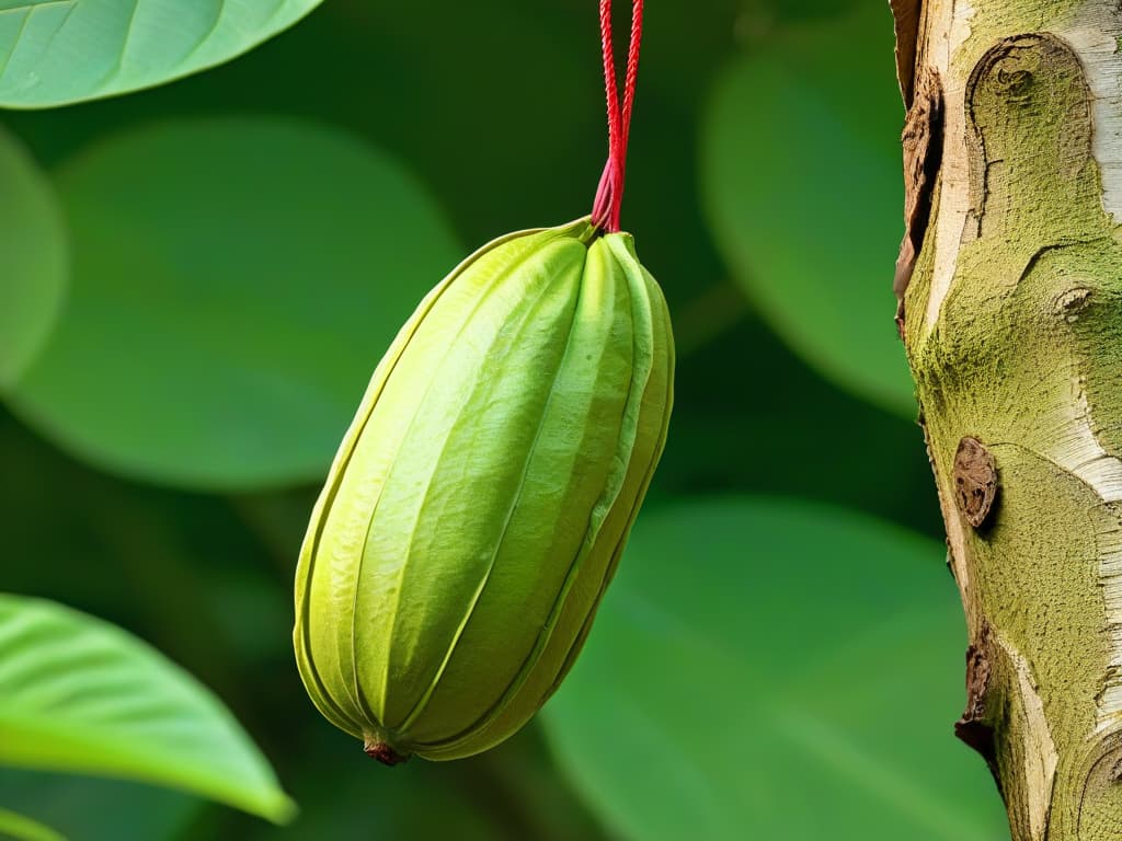  A closeup, highresolution image of a single ripe cacao pod hanging from a tree branch, showcasing its vibrant green color and textured surface under the sunlight. The focus is on the intricate details of the pod, highlighting the organic nature of cacao cultivation. hyperrealistic, full body, detailed clothing, highly detailed, cinematic lighting, stunningly beautiful, intricate, sharp focus, f/1. 8, 85mm, (centered image composition), (professionally color graded), ((bright soft diffused light)), volumetric fog, trending on instagram, trending on tumblr, HDR 4K, 8K