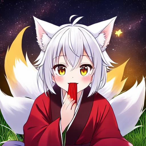  A kitsune boy looking up at the night sky as big stars surround him, cute face, enhanced face, above camera, happy expression, mouth open, white hair, white fox ears and tail, red and white kimono, gold bells, standing on grass