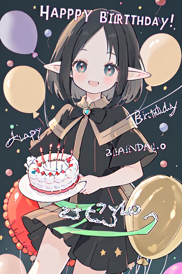  (Bangs: 1.2, ForeHead: 1.2, Black Hair, Elf Ears, Happy Smile), ((Happy Birthday Text: 1.5, 🎂, Balloon🎈)) AsterPiece: 1.4 , Super Fine Textures, Raw Photo Realistic, Outrageous Resolution, 8k Illustration