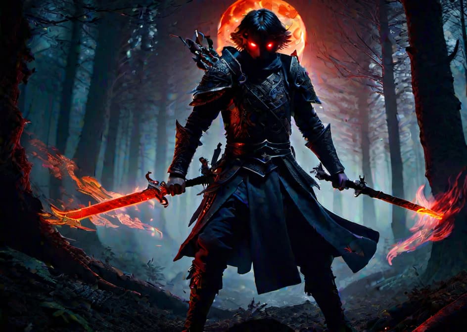  Scene of a protagonist with fire sword fighting shadow creatures in a moonlit forest, highlighting the glowing red eyes of the creatures and the determined stance of the protagonist, very magical, amazing details, super lighting from fire sword hyperrealistic, full body, detailed clothing, highly detailed, cinematic lighting, stunningly beautiful, intricate, sharp focus, f/1. 8, 85mm, (professionally color graded), ((bright soft diffused light)), volumetric fog, trending on instagram, trending on tumblr, HDR 4K, 8K hyperrealistic, full body, detailed clothing, highly detailed, cinematic lighting, stunningly beautiful, intricate, sharp focus, f/1. 8, 85mm, (centered image composition), (professionally color graded), ((bright soft diffused light)), volumetric fog, trending on instagram, trending on tumblr, HDR 4K, 8K