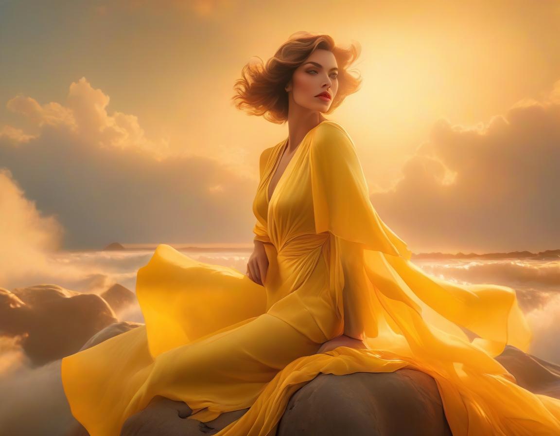  Art Deco style A painting of a woman in a flowing yellow dress reclining on rocks with a sunset over a body of water in the background. . geometric shapes, bold colors, luxurious, elegant, decorative, symmetrical, ornate, detailed hyperrealistic, full body, detailed clothing, highly detailed, cinematic lighting, stunningly beautiful, intricate, sharp focus, f/1. 8, 85mm, (centered image composition), (professionally color graded), ((bright soft diffused light)), volumetric fog, trending on instagram, trending on tumblr, HDR 4K, 8K