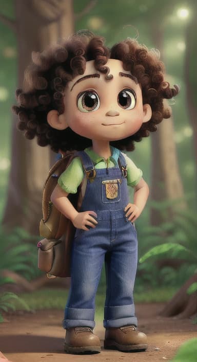  {The tree with a twinkling eye, while its leaves gently rustle., Riley, a curious with big brown eyes and curly hair, wearing overalls and carrying a small backpack. Their friend, Skye, a bluebird with shiny feathers.