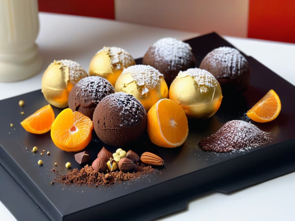  A closeup, ultradetailed image of a variety of highquality chocolate truffles elegantly arranged on a sleek, minimalist black platter. Each truffle is delicately dusted with cocoa powder, chopped nuts, or edible gold leaf, showcasing a range of flavors like rich dark chocolate, velvety milk chocolate, zesty orange liqueur, and smooth hazelnut liqueur. The glossy finish of the truffles reflects soft ambient lighting, highlighting their decadent textures and sophisticated presentation. hyperrealistic, full body, detailed clothing, highly detailed, cinematic lighting, stunningly beautiful, intricate, sharp focus, f/1. 8, 85mm, (centered image composition), (professionally color graded), ((bright soft diffused light)), volumetric fog, trending on instagram, trending on tumblr, HDR 4K, 8K