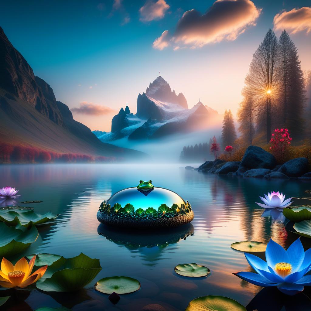  fairy tale (Background): a lake with blooming lotuses of different shades: from white pink to bright crimson and leaves of tender green colour. The sky above the lake of dark blue colour with golden stars scattered on it. (Fantasy Princess Frog): in the centre of the lake on the biggest lotus flower sits a charming frog in a golden crown decorated with blue and blue precious stones. In his paws he holds a ring decorated with blue stones. Style: fantasy, Russian fairy tales, illustrations. . magical, fantastical, enchanting, storybook style, highly detailed hyperrealistic, full body, detailed clothing, highly detailed, cinematic lighting, stunningly beautiful, intricate, sharp focus, f/1. 8, 85mm, (centered image composition), (professionally color graded), ((bright soft diffused light)), volumetric fog, trending on instagram, trending on tumblr, HDR 4K, 8K