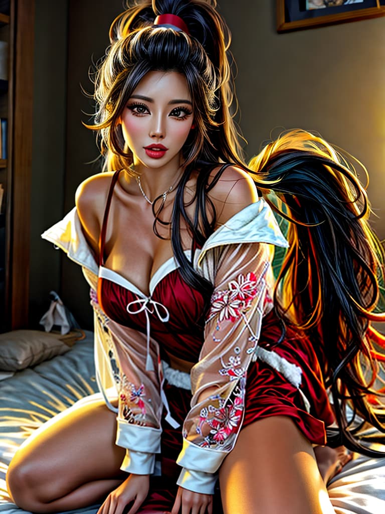  long hair,absurdly long hair,gyaru,ponytail,messy hair, hair,open mouth,drooling,saliva trail,unconscious,,santa, dress,bare legs, old  hyperrealistic, full body, detailed clothing, highly detailed, cinematic lighting, stunningly beautiful, intricate, sharp focus, f/1. 8, 85mm, (centered image composition), (professionally color graded), ((bright soft diffused light)), volumetric fog, trending on instagram, trending on tumblr, HDR 4K, 8K