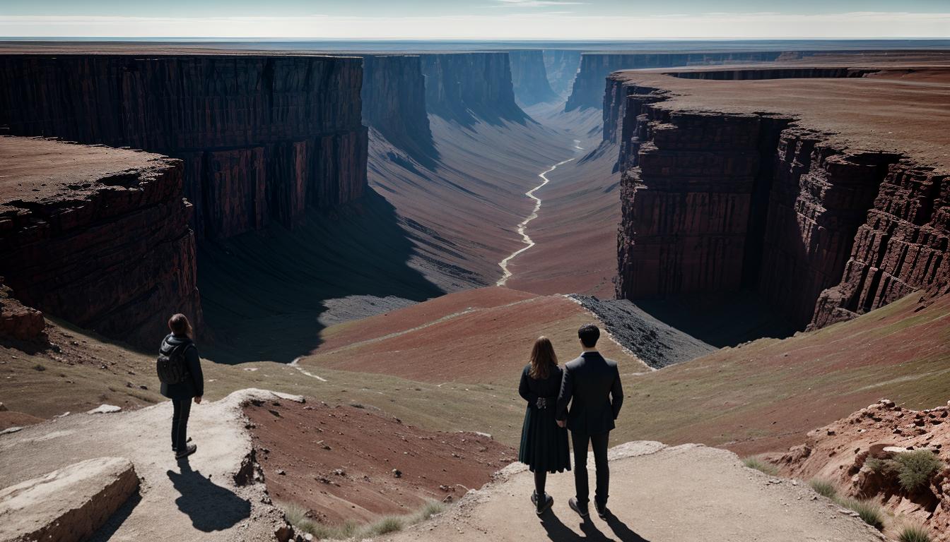  digital illustration, one woman and one man standing on different side of a widening chasm, reaching out but unable to connect, desolate landscape, sense of separation, emotional distance, looking at viewer, dynamic pose, (intricate details, masterpiece, best quality)