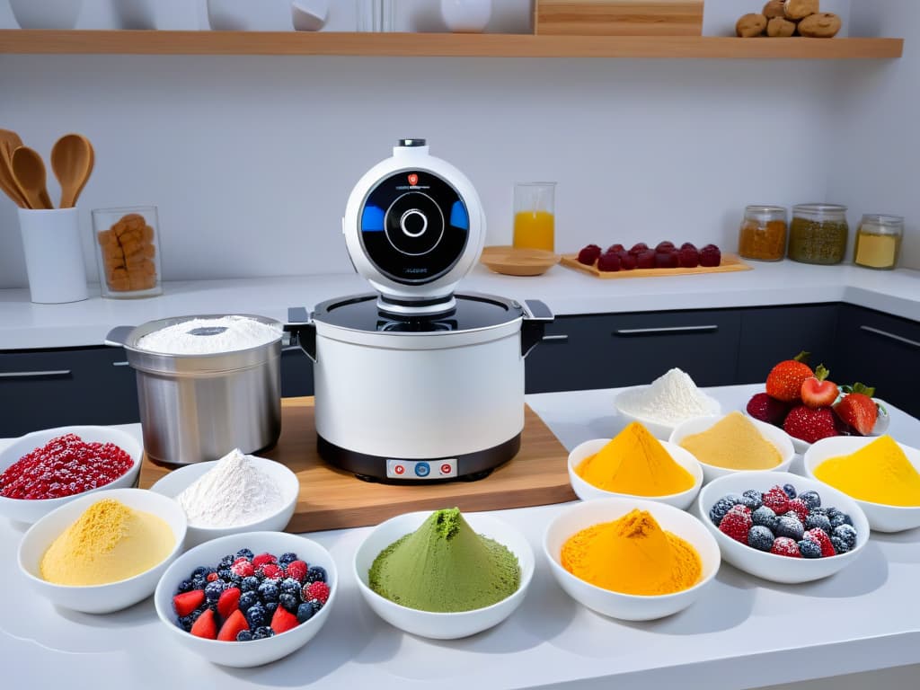  A sleek, modern kitchen countertop with a multifunctional cooking robot elegantly displayed, showcasing its various attachments for baking and pastry making. The robot is surrounded by bowls of colorful ingredients like flour, sugar, and berries, evoking a sense of creativity and precision in pastry preparation. The background is softly blurred to keep the focus on the sophisticated kitchen gadget, emphasizing its role in elevating baking skills. hyperrealistic, full body, detailed clothing, highly detailed, cinematic lighting, stunningly beautiful, intricate, sharp focus, f/1. 8, 85mm, (centered image composition), (professionally color graded), ((bright soft diffused light)), volumetric fog, trending on instagram, trending on tumblr, HDR 4K, 8K