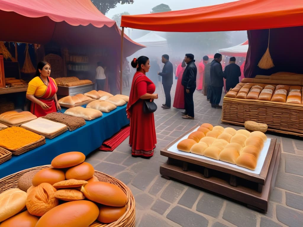  An ultradetailed, photorealistic image of an ancient Aztec marketplace bustling with activity, showcasing vendors selling various types of bread, including the iconic Pan de Muerto. The scene is set against a backdrop of towering temples and vibrant traditional textiles, capturing the rich cultural heritage and historical origins of this Mexican tradition. hyperrealistic, full body, detailed clothing, highly detailed, cinematic lighting, stunningly beautiful, intricate, sharp focus, f/1. 8, 85mm, (centered image composition), (professionally color graded), ((bright soft diffused light)), volumetric fog, trending on instagram, trending on tumblr, HDR 4K, 8K