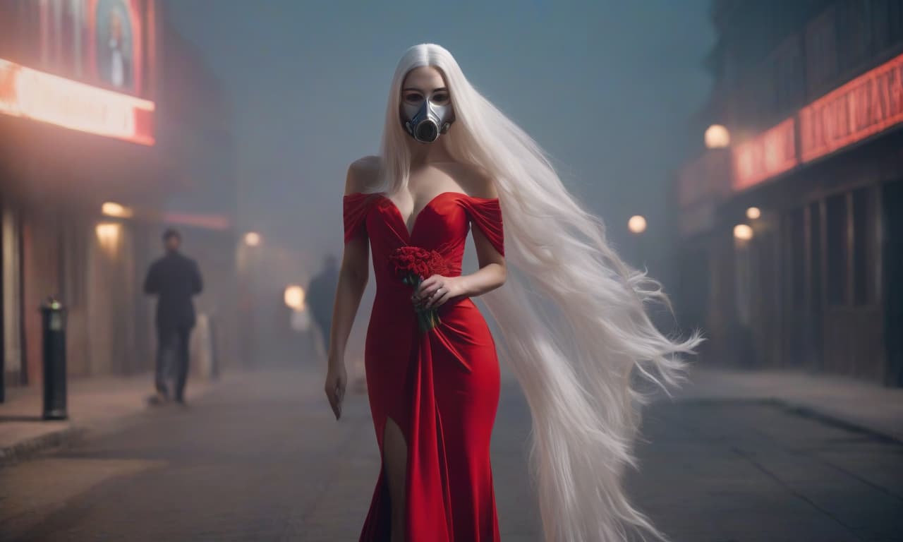  cinematic film still Portrait of a woman in a red evening dress, long white hair, a mask on her face. Note: It seems the prompt is referring to someone wearing a protective mask on their face, which in English is usually called a "gas mask" or "face mask," not a "gas mask," as it's usually understood. However, since the context provided by the original text is unclear, it's possible that the translator intended to use the latter term in accordance with their understanding of the Russian word "противогаз" (protiugaz). Therefore, I've used both terms in my translation. . shallow depth of field, vignette, highly detailed, high budget, bokeh, cinemascope, moody, epic, gorgeous, film grain, grainy hyperrealistic, full body, detailed clothing, highly detailed, cinematic lighting, stunningly beautiful, intricate, sharp focus, f/1. 8, 85mm, (centered image composition), (professionally color graded), ((bright soft diffused light)), volumetric fog, trending on instagram, trending on tumblr, HDR 4K, 8K