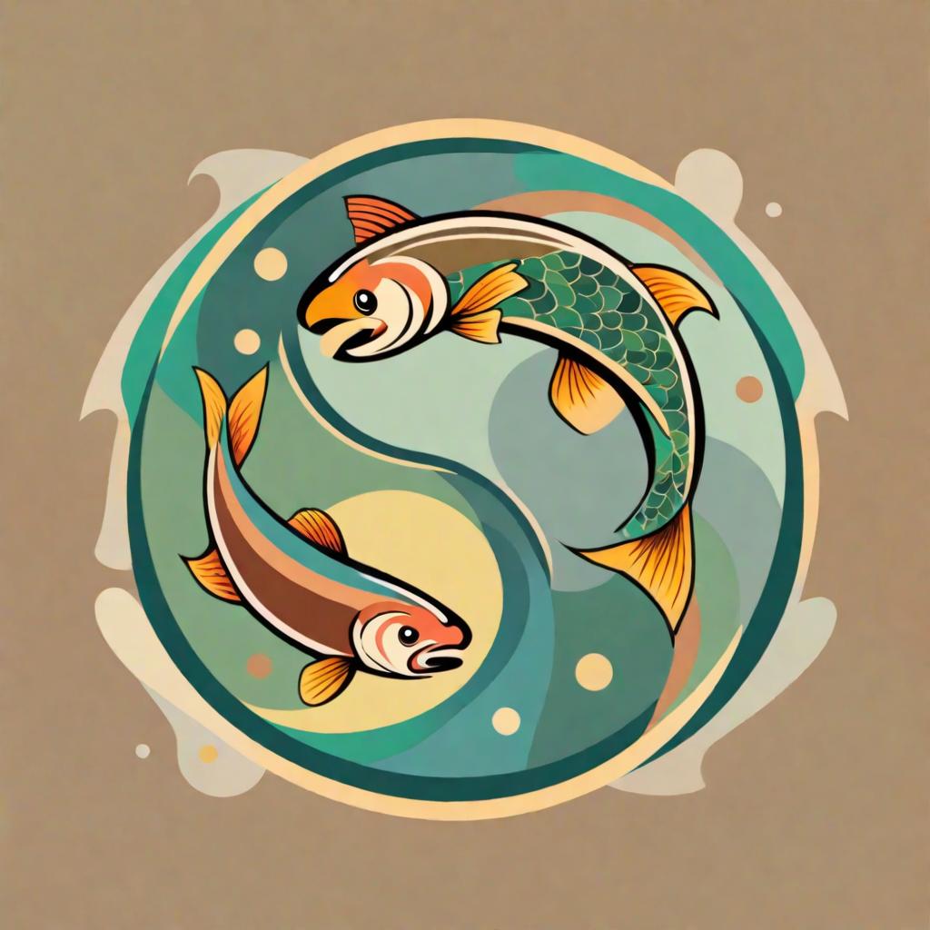  Yin and Yang symbol with trout fish, tessellation, radially symmetric, muted colors, brown, gold, green, app icon