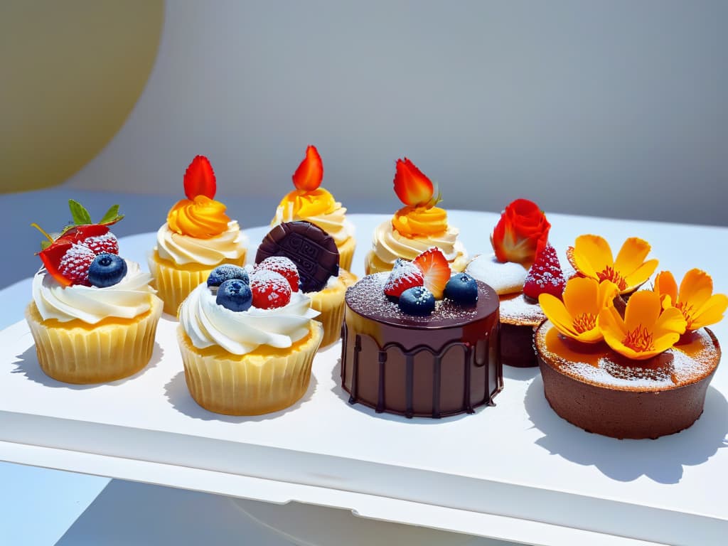  A closeup, photorealistic image of an array of vibrant glutenfree desserts beautifully arranged on a sleek, modern dessert table. The desserts include intricately decorated cupcakes, indulgent chocolate cakes, delicate macarons, and colorful fruit tarts, all exquisitely presented with fresh berries, edible flowers, and drizzles of caramel and chocolate sauce. The table is elegantly set against a softfocus background, with warm natural light gently illuminating the desserts, creating a mouthwatering and visually appealing scene that captures the essence of inclusive glutenfree dessert festivals. hyperrealistic, full body, detailed clothing, highly detailed, cinematic lighting, stunningly beautiful, intricate, sharp focus, f/1. 8, 85mm, (centered image composition), (professionally color graded), ((bright soft diffused light)), volumetric fog, trending on instagram, trending on tumblr, HDR 4K, 8K