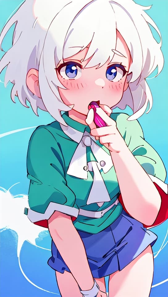  young short white haired woman having a penus in her mouth while fondling her pectusculum on hands, (anime:1.15), HQ, Hightly detailed, 4k