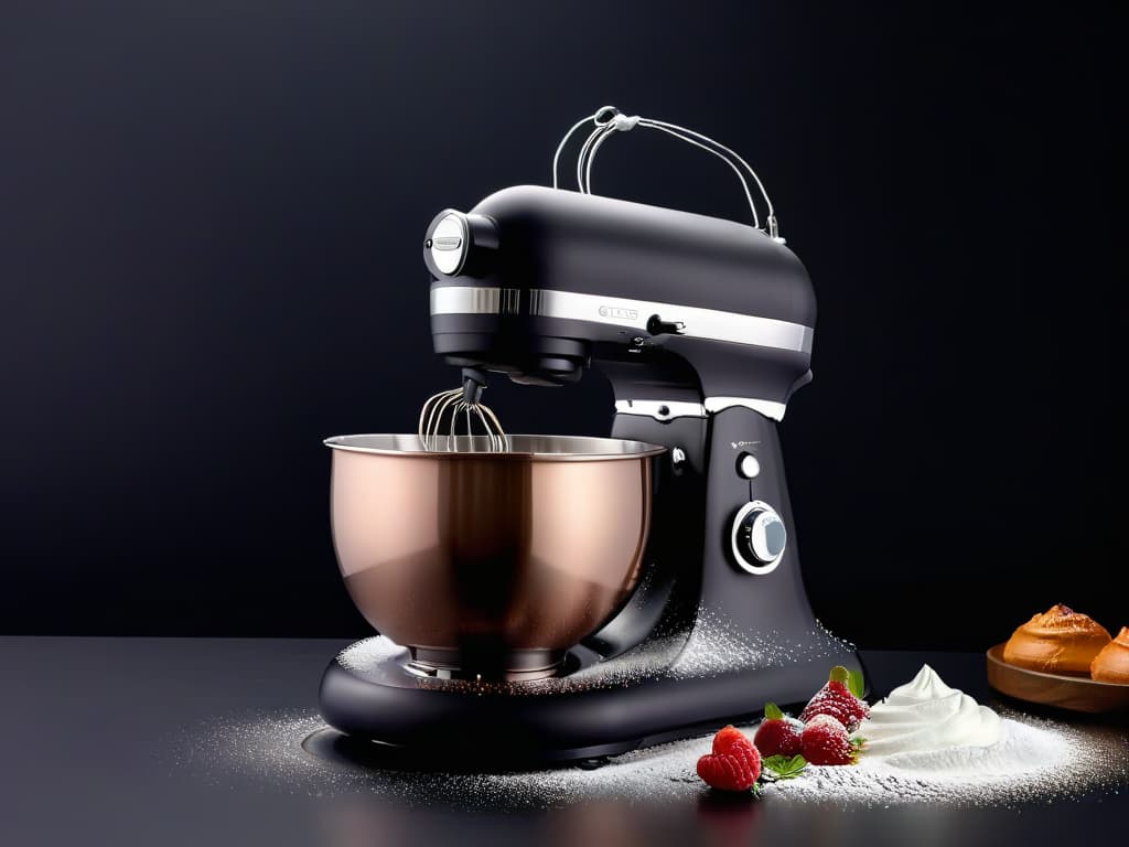  An intricate and sleek rose gold stand mixer, spotlighted against a matte black backdrop, with soft, focused lighting enhancing its elegant curves and polished finish. The mixer is surrounded by a scattering of vibrant, fresh berries and a dusting of powdered sugar, creating a visually striking contrast and adding a touch of organic freshness to the scene. The overall composition exudes a sense of luxury, precision, and modern sophistication, perfectly capturing the essence of highend pastry equipment trends. hyperrealistic, full body, detailed clothing, highly detailed, cinematic lighting, stunningly beautiful, intricate, sharp focus, f/1. 8, 85mm, (centered image composition), (professionally color graded), ((bright soft diffused light)), volumetric fog, trending on instagram, trending on tumblr, HDR 4K, 8K