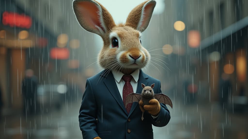  good quality, high quality, a stylish rabbit dressed in a suit, holding a bat under the rain, blending whimsy with urban elegance.