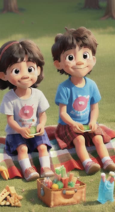  {Kids sitting around a picnic blanket, enjoying juice boxes and snacks., Children happily eating snacks, with crumbs on their faces and big smiles.