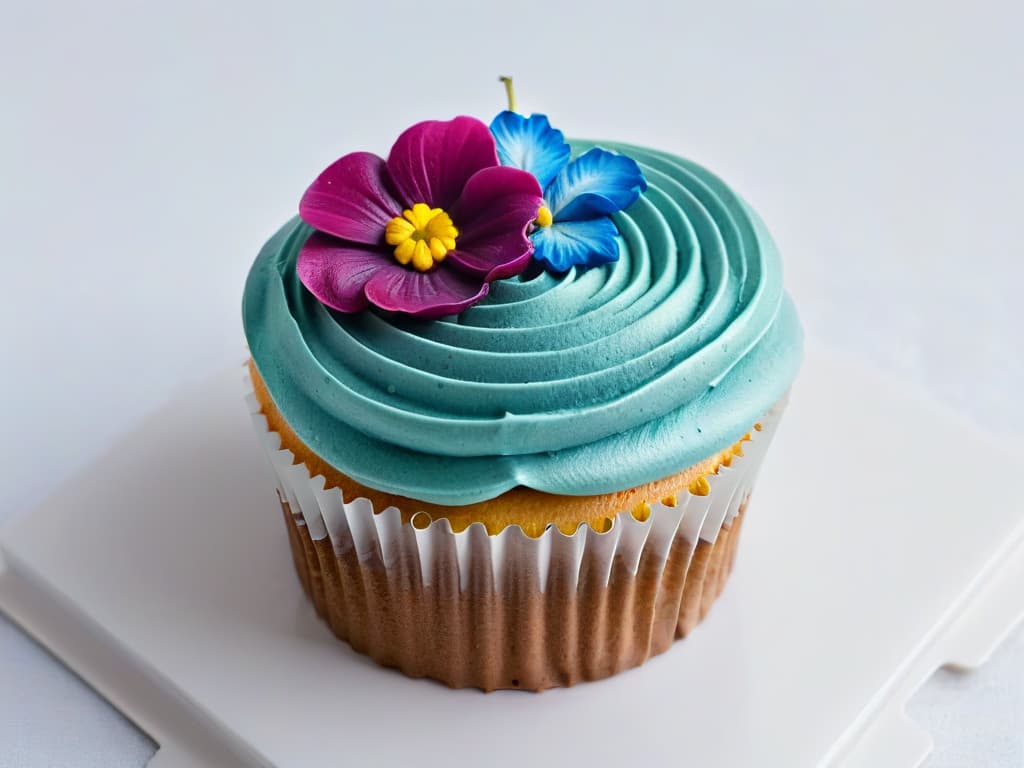  An intricate, closeup image of a beautifully decorated vegan cupcake with vibrant edible flowers and delicate frosting swirls, set against a clean, white background. The details of the frosting texture and the vivid colors of the flowers are incredibly sharp and lifelike, showcasing the artistry and creativity that can be found in vegan pastry making. hyperrealistic, full body, detailed clothing, highly detailed, cinematic lighting, stunningly beautiful, intricate, sharp focus, f/1. 8, 85mm, (centered image composition), (professionally color graded), ((bright soft diffused light)), volumetric fog, trending on instagram, trending on tumblr, HDR 4K, 8K