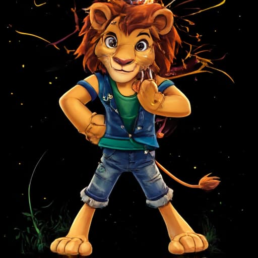  (a lion king wearing blue jean),wearing crown, full body, ghibli style, anime, vibrant colors, hdr, enhance, jungle((plain black background)), masterpiece, highly detailed, 4k, hq, separate colors, bright colors