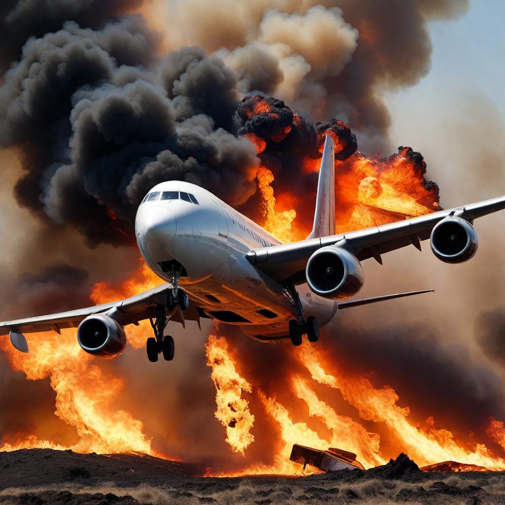  A dramatic scene of an airplane crashing amidst flames. The airplane is shown plummeting towards the ground with flames engulfing parts of the fuselage and wings. The background is filled with dark smoke and a fiery blaze, creating a sense of imminent disaster. The surrounding environment showcases a landscape that is being scorched by the intense heat and flames, with debris flying in various directions. The image should convey a sense of chaos, urgency, and destruction as the airplane descends into the flames. hyperrealistic, full body, detailed clothing, highly detailed, cinematic lighting, stunningly beautiful, intricate, sharp focus, f/1. 8, 85mm, (centered image composition), (professionally color graded), ((bright soft diffused light)), volumetric fog, trending on instagram, trending on tumblr, HDR 4K, 8K