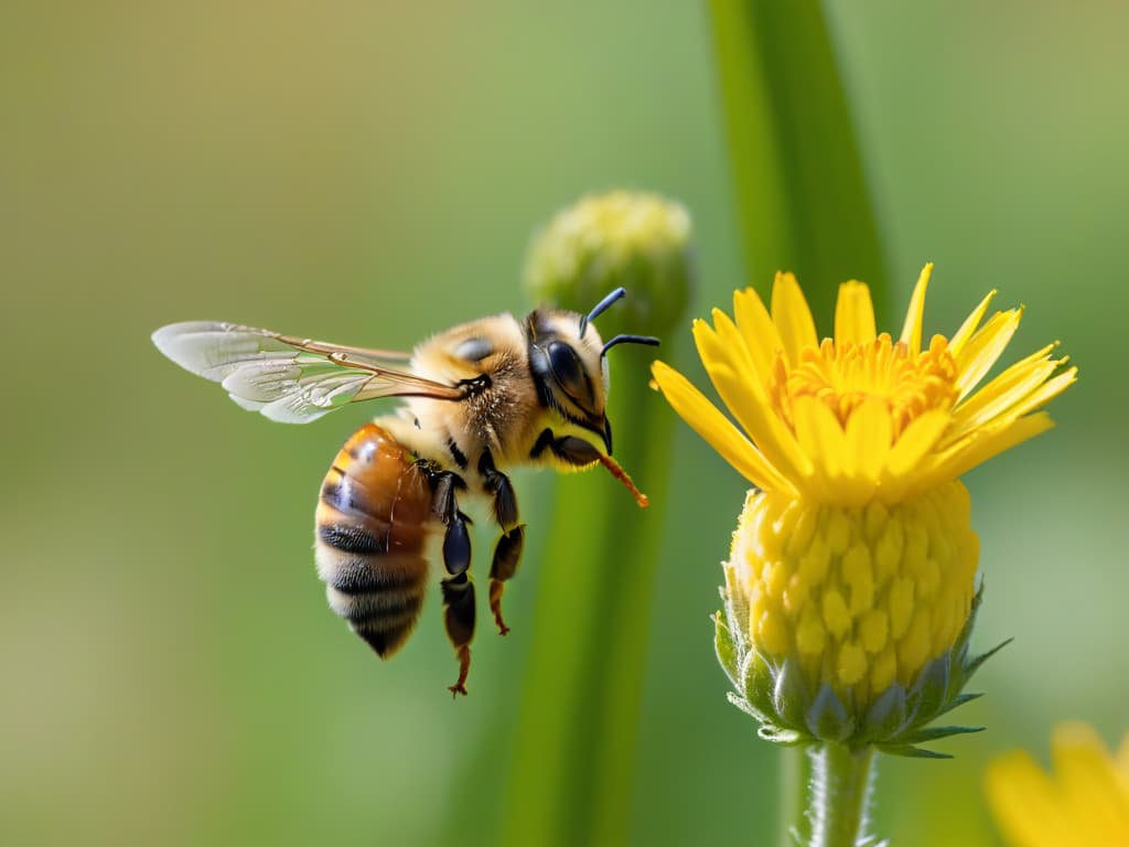  A closeup, ultradetailed image of a single bee covered in vibrant yellow pollen, with delicate pollen grains visible on its fuzzy body and wings. The background is a soft focus of a blooming field of colorful wildflowers, emphasizing the natural and pure essence of bee pollen. hyperrealistic, full body, detailed clothing, highly detailed, cinematic lighting, stunningly beautiful, intricate, sharp focus, f/1. 8, 85mm, (centered image composition), (professionally color graded), ((bright soft diffused light)), volumetric fog, trending on instagram, trending on tumblr, HDR 4K, 8K