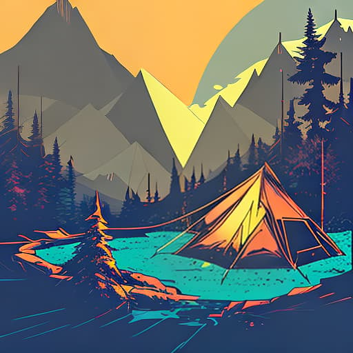 nvinkpunk Whimsical mountains with trees, and camping tent with campfire