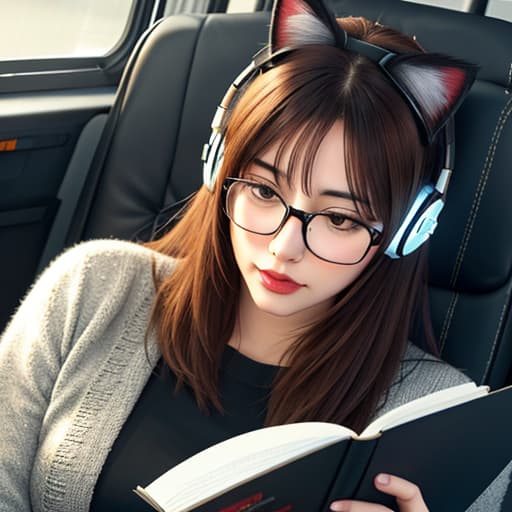  Realistic image of a cat wearing headphones and reading glasses while riding a bus. hyperrealistic, full body, detailed clothing, highly detailed, cinematic lighting, stunningly beautiful, intricate, sharp focus, f/1. 8, 85mm, (centered image composition), (professionally color graded), ((bright soft diffused light)), volumetric fog, trending on instagram, trending on tumblr, HDR 4K, 8K